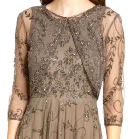 PISSARRO NIGHTS Brown Mocha Gown Beaded Mesh With Jacket Size 2 NWT - Picture 2 of 16